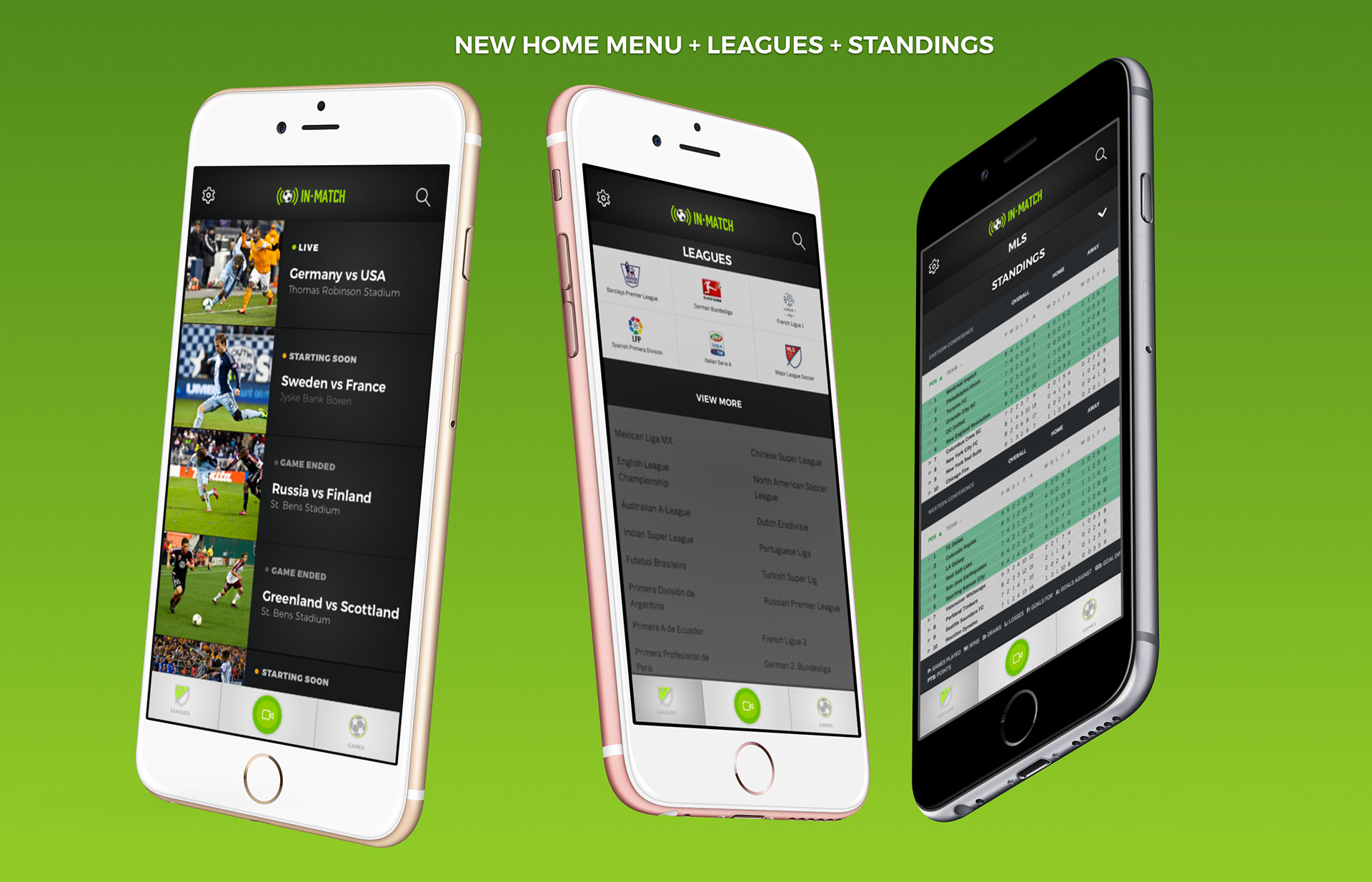 InMatch Sports league, standings, and match navigation